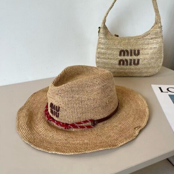 Women Red Accent Miu Miu Hat | Woven Raffia Summer Essential Straw Hat - Picture 4 of 8